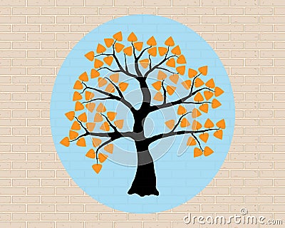 Orange tree, wood, brick wall, decoration Vector Illustration