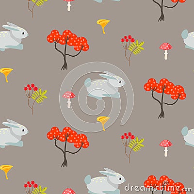 Orange trees and blue bunny earth color seamless pattern. Vector Illustration