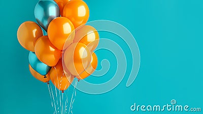 Orange and turquoise festive ballons on a turquoise background. Banner, copy space. Stock Photo