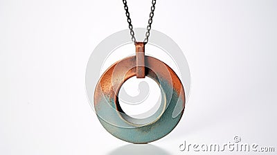 Large Ceramic Pendant With Blue, Orange, And Copper Chain Stock Photo