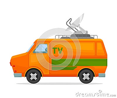 Orange TV minibus with green stripes. Vector illustration on white background. Vector Illustration