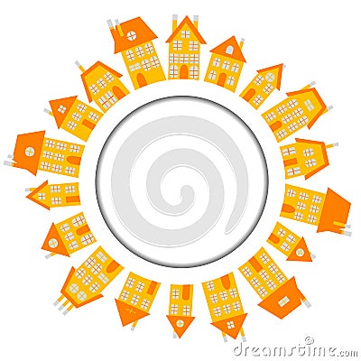 Orange village with houses around wound banner. Free space for t Vector Illustration