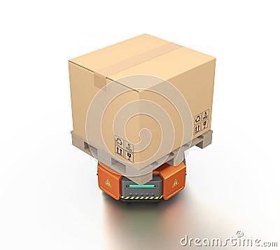Orange warehouse robot carrier carrying cardboard boxes Stock Photo
