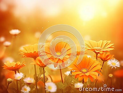 Orange watercolor morning flowers background Cartoon Illustration