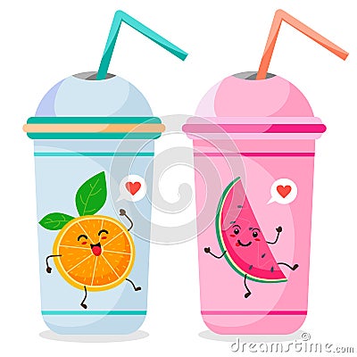 Cute kawaii fruit orange and watermelon on plastic glasses with juice. Vector isolates on a white background. Vector Illustration