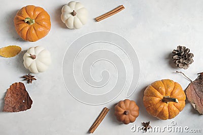 Flat lay of pumpkins and pinecones with copy space for fall season background Stock Photo