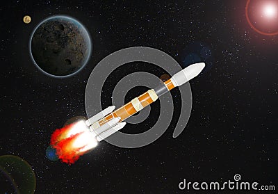 Orange and white multistage space rocket model flies to exploration universe and planet at high speed in the galaxy Stock Photo