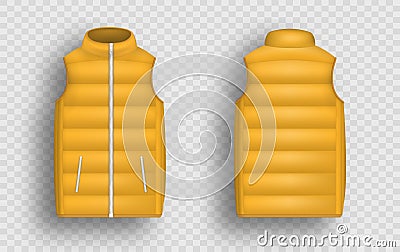 Orange winter puffer vest, sleeveless jacket mockup set, vector illustration. Realistic down vest, front and back view. Vector Illustration