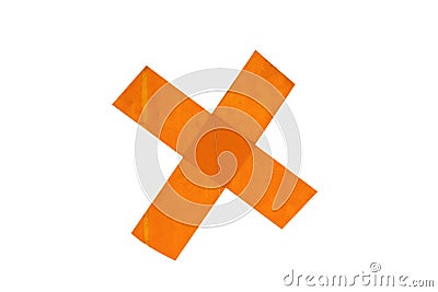 Orange wrong sign, do not paste on the wall, made of scotch tape isolated on white background.Clipping path Stock Photo