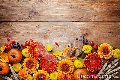 Orange and yellow gerbera flowers, decorative pumpkins, wheat ears on wooden rustic table. Autumn nature or Thanksgiving day Stock Photo