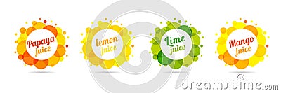 Fresh juice papaya, lemon, lime, mango in label splash set design Vector Illustration