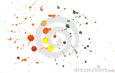 orange, yellow, green and red water color splashes spots on white canvas paper natural splash textures hand drawn. Stock Photo