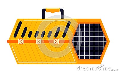 Orange and yellow portable cat carrier with black handle and ventilation slits. Pet travel safety vector illustration Vector Illustration