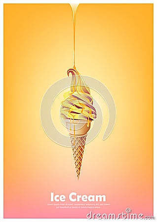 Orange yellow soft ice cream cone, Pour melted orange syrup, orange mango flavor, Vector illustration Vector Illustration