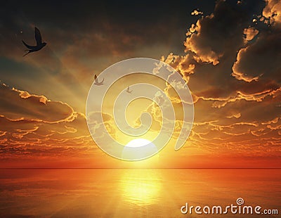 Orange, yellow sunset sky, water mirror, nature landscape Stock Photo