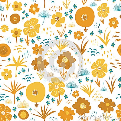 Orange Yellow Teal Autumn florals Scandinavian style seamless vector pattern. Flat stylized flowers and leaves repeating Vector Illustration