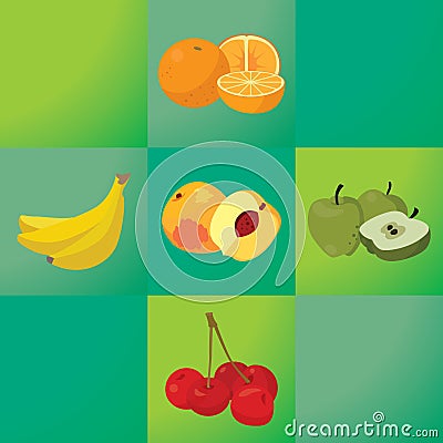 Oranges, bananas, peaches, apples, cherries - healthy fruit Vector Illustration