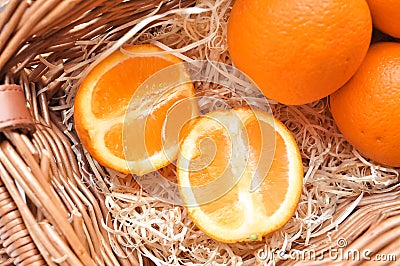 Oranges in the basket on the wimdow sill in summer Stock Photo