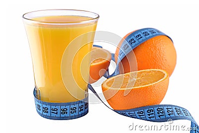 Oranges, glass of orange juice and measuring tape Stock Photo