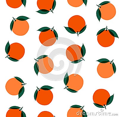 Oranges with leaves in a tossed seamless repeat on white background. Fruity vector pattern Vector Illustration