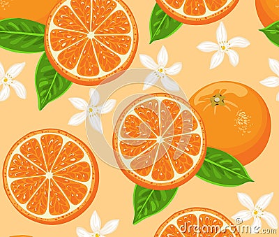 Oranges seamless pattern. Citrus and fruit cartoons, green leaves and flowers. Cartoon Illustration