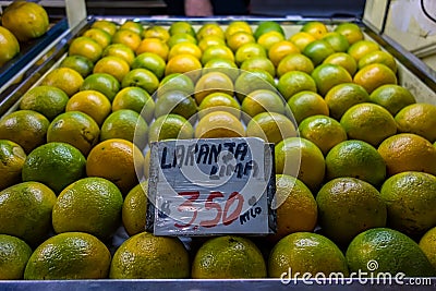 Oranges stand in popular municipal market in Brazil with announced price of R$ 3,50 a kilo Stock Photo