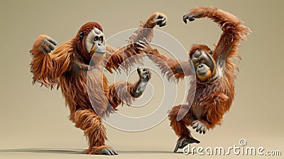 An orangutan gracefully exeing a perfect warrior pose while its younger orangutan friend comically hops around in Stock Photo