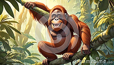 Orangutan jungle forest tree orange color comedy scene Cartoon Illustration