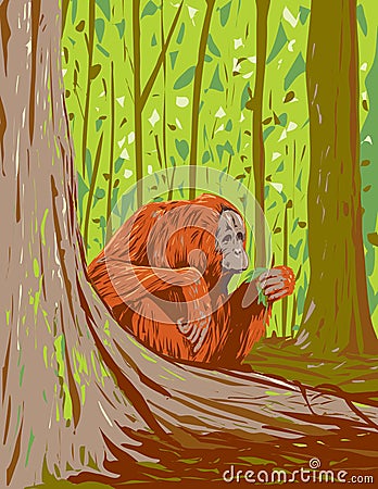 Orangutan in Kutai National Park East Kalimantan Indonesian Borneo Art Deco WPA Poster Art Vector Illustration