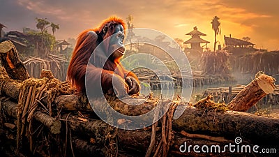 Orangutan sits in solitude on a tree remnant, palm oil production. Generative AI Stock Photo
