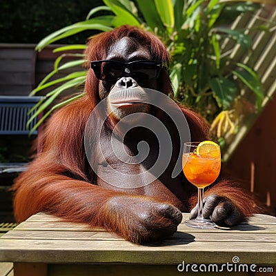 An orangutan in sunglasses with a glass of juice sits at a table, an orangutan on vacation close-up, Stock Photo