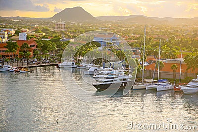 Oranjestad, Aruba harbor in early morning Editorial Stock Photo