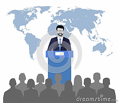 Orator speaking from tribune on a background map of the world. public speaker Vector Illustration