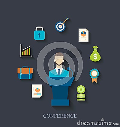 Orator speaking from tribune and flat icons of business Vector Illustration