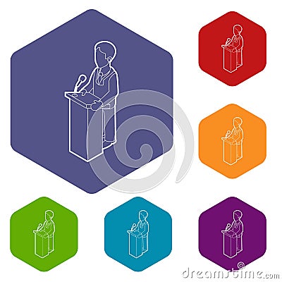 Orator speaking from tribune, outline style Vector Illustration