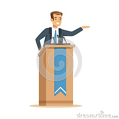 Orator speaking from tribune, public speaker character vector Illustration Vector Illustration