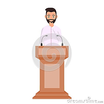 Orator speaking from tribune, public speaker character vector Illustration. A man in a white shirt is standing behind Vector Illustration