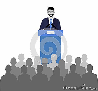 Orator speaking from the tribune. public speaker and a crowd on chairs. Vector Illustration