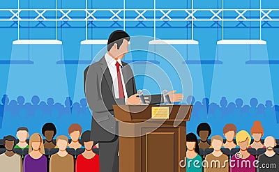 Orator speaking from tribune. Public speaker. Vector Illustration