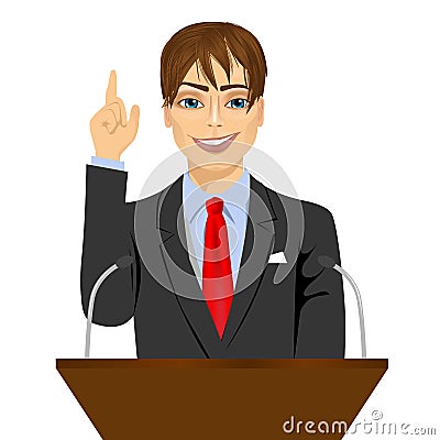 Orator standing behind a podium with microphones Vector Illustration