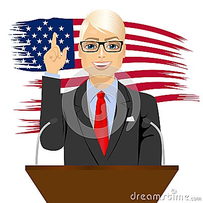 Orator standing behind a podium with microphones Vector Illustration