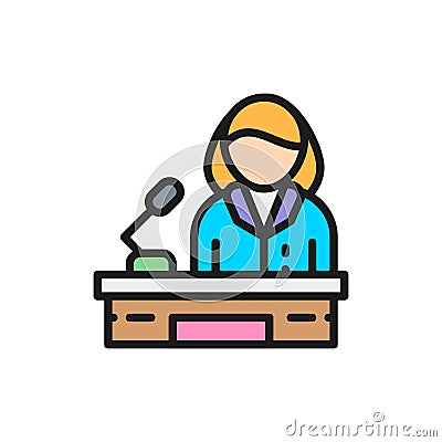 Orator, woman behind the podium, female politician flat color line icon. Vector Illustration