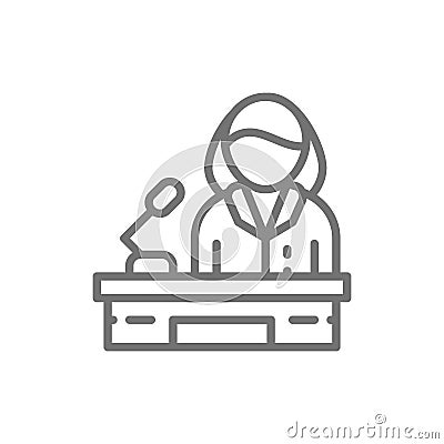 Orator, woman behind the podium, female politician line icon. Vector Illustration