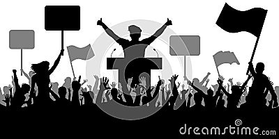 Oratory art, politics. Crowd of people demonstrating silhouette. Demonstration Vector Illustration