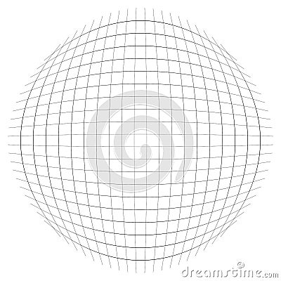 Orb, sphere with squares line mesh, grid. Circular, concentric element. Ball, globe with convex protrusion, bump distort effect. Vector Illustration