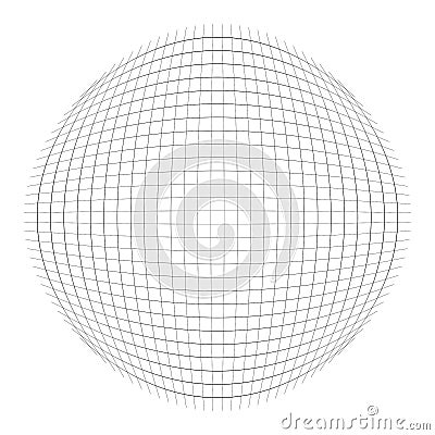 Orb, sphere with squares line mesh, grid. Circular, concentric element. Ball, globe with convex protrusion, bump distort effect. Vector Illustration