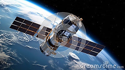 Orbiting satellite with solar panels in space with earth in background Stock Photo