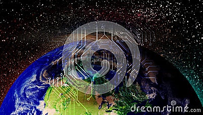 Orbits of global information. digital data orbits. world network technology. technology communication. Stock Photo