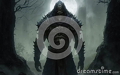 An orc bowing down to the moonlight spilling through a tree canopy. Fantasy art. AI generation Stock Photo