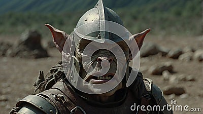 An orc in medieval armor with pointed ears, suggesting a fantasy setting. The face is blurred, adding mystery Stock Photo
